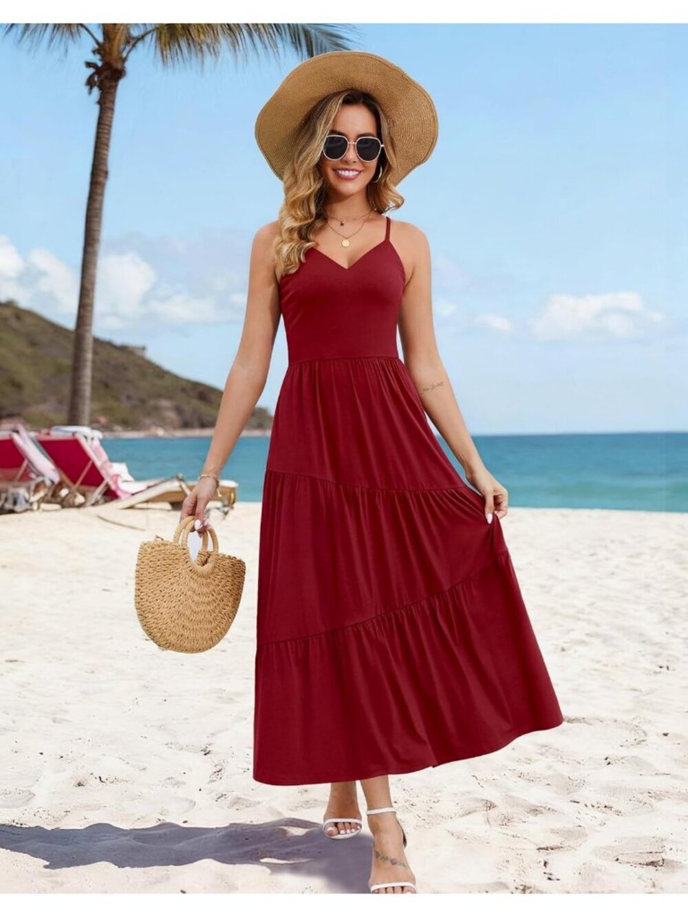 Women's Wine Red Beach Sundress V Neck Spaghetti Long Strap Pockets Maxi Dress - Picture 5 of 6
